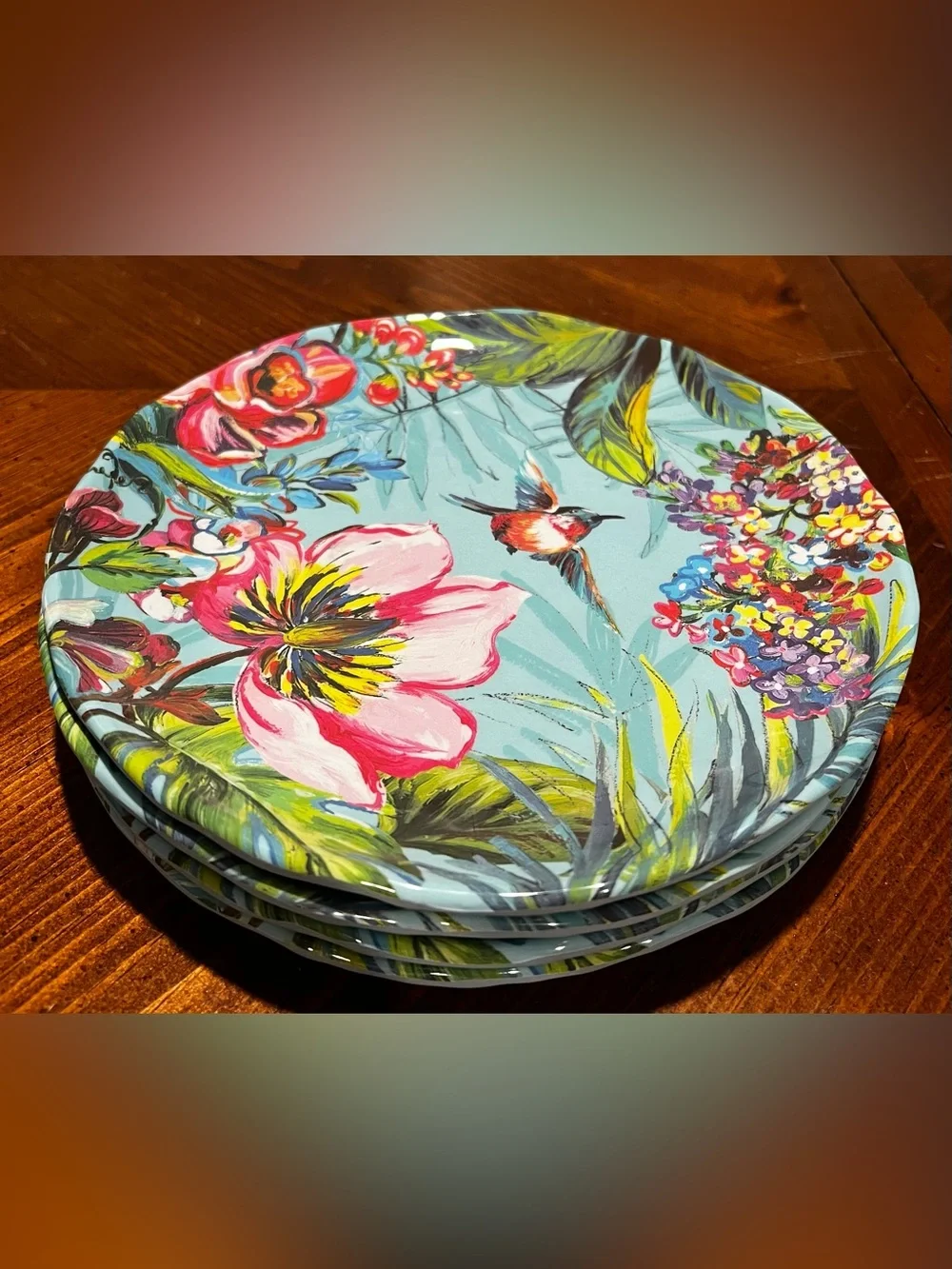 Pier 1 Exclusive Melamine Tropical Hummingbird Floral Plates 8.5 Inch Set of 4